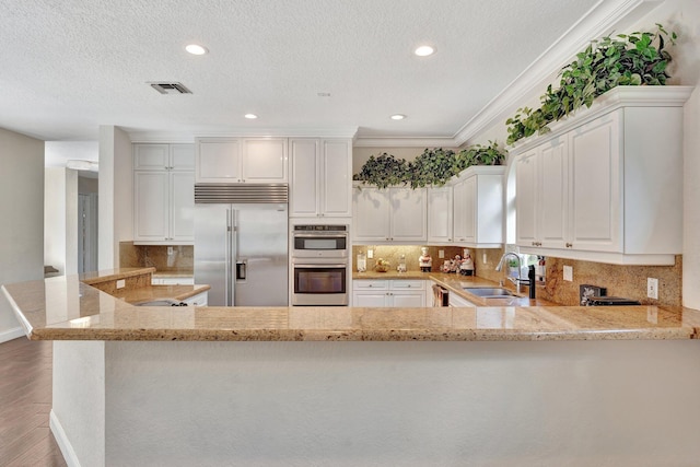 6131 NW 30th Ave, Boca Raton, FL 33496 - kitchen featuring visible vents, light stone countertops, ornamental molding, appliances with stainless steel finishes, and a sink