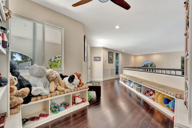 6131 NW 30th Ave, Boca Raton, FL 33496 - rec room with recessed lighting, a textured ceiling, wood finished floors, and a ceiling fan