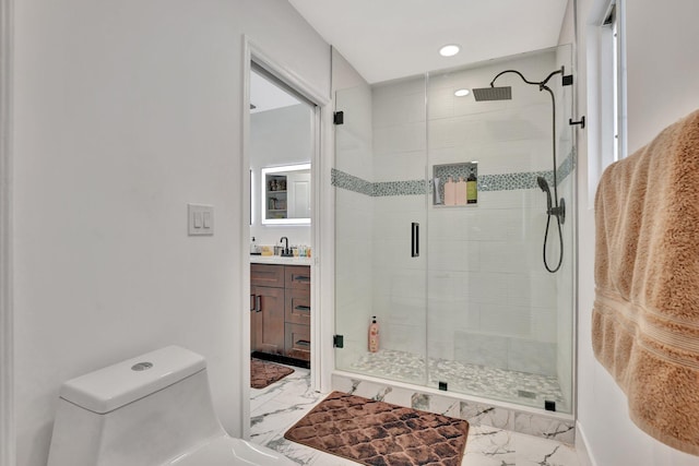 6131 NW 30th Ave, Boca Raton, FL 33496 - bathroom featuring marble finish floor, a stall shower, toilet, and vanity