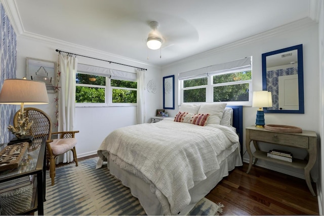 11753 Landing Pl, Palm Beach Gardens, FL 33408 - bedroom with ornamental molding, dark wood-type flooring, baseboards, and ceiling fan