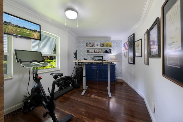 11753 Landing Pl, Palm Beach Gardens, FL 33408 - exercise room with ornamental molding, wood finished floors, baseboards, a dry bar, and wallpapered walls