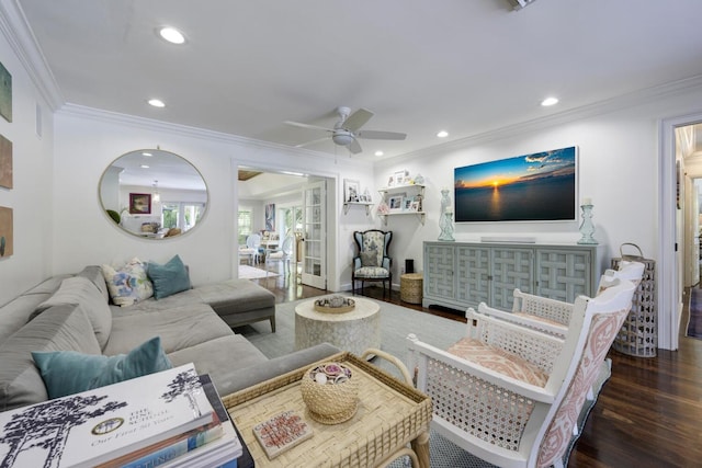 11753 Landing Pl, Palm Beach Gardens, FL 33408 - living area featuring a ceiling fan, crown molding, recessed lighting, and wood finished floors