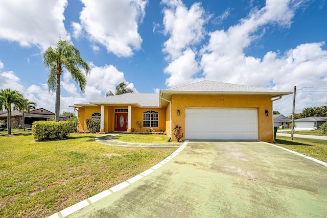 single story home with stucco siding, concrete driveway, a front yard, and a garage