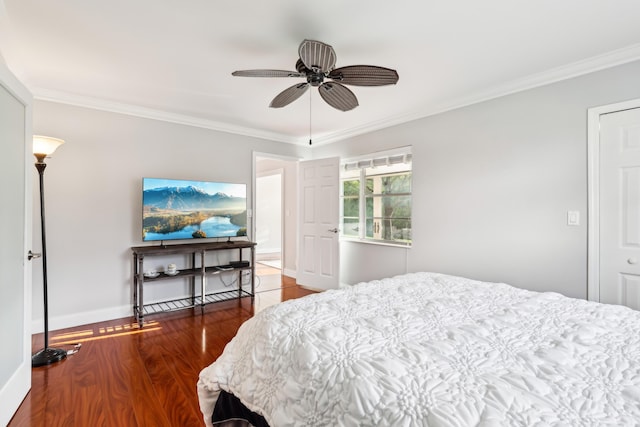206 Lake Susan Ln, West Palm Beach, FL 33411 - bedroom with ceiling fan, baseboards, wood finished floors, and ornamental molding