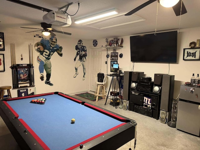 rec room with attic access, a ceiling fan, and billiards