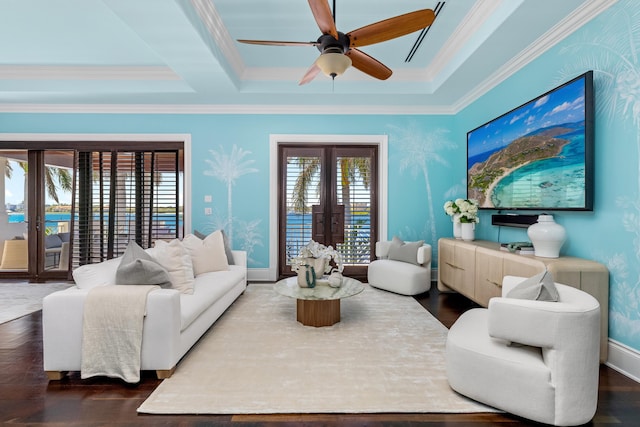 living area with french doors, wood finished floors, ceiling fan, and crown molding