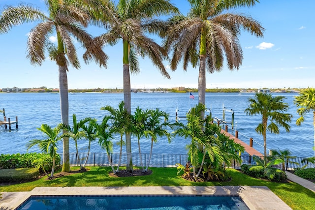view of pool with a fenced in pool, a water view, and fence