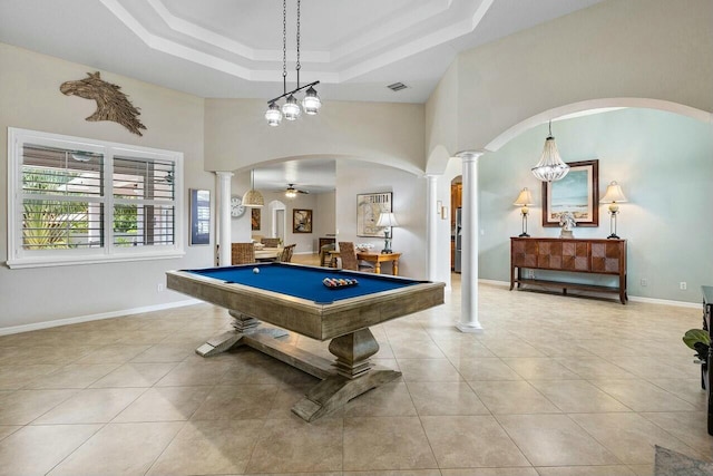 2999 Dovedale Ct, Wellington, FL 33414 - recreation room featuring baseboards, billiards, tile patterned flooring, and a raised ceiling