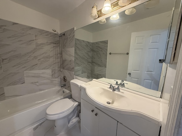 full bath with marble finish floor, shower / bathtub combination, toilet, and vanity
