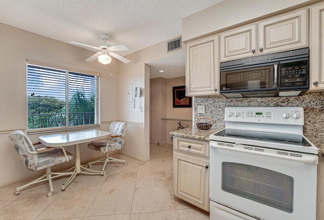kitchen with light tile patterned flooring, black microwave, tasteful backsplash, white range with electric cooktop, and visible vents
