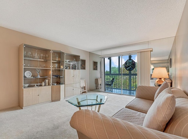 carpeted living area featuring a textured ceiling