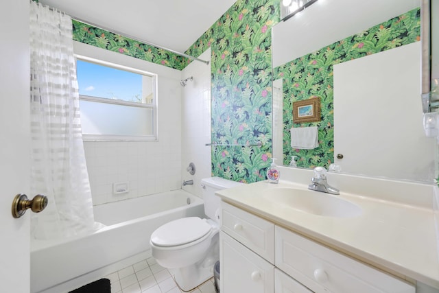 2502 NW 66th Dr, Boca Raton, FL 33496 - bathroom featuring tile patterned floors, shower / bathtub combination with curtain, toilet, wallpapered walls, and vanity