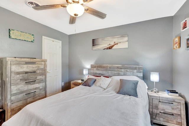 bedroom with a ceiling fan and visible vents