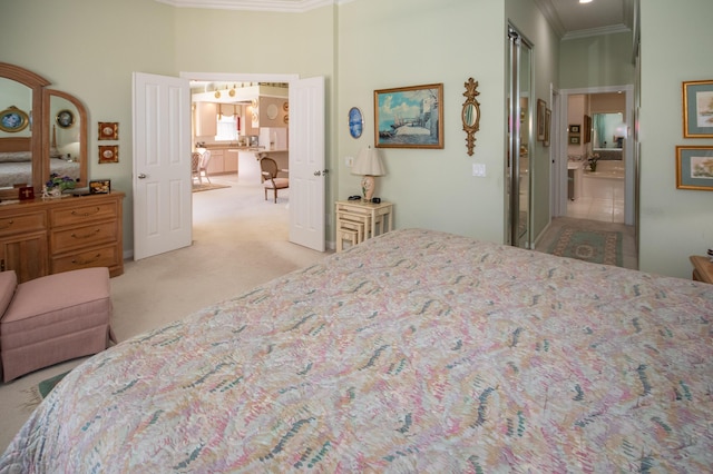 carpeted bedroom featuring crown molding and a towering ceiling