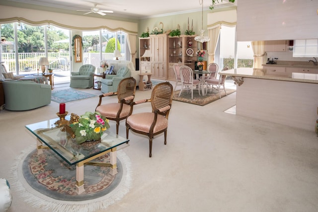 living room featuring ceiling fan, ornamental molding, and carpet