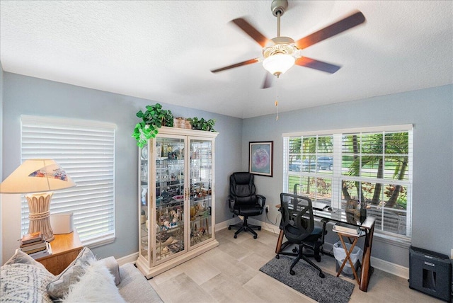 5879 NW Leah Dr, Port Saint Lucie, FL 34986 - office featuring baseboards, ceiling fan, and a textured ceiling