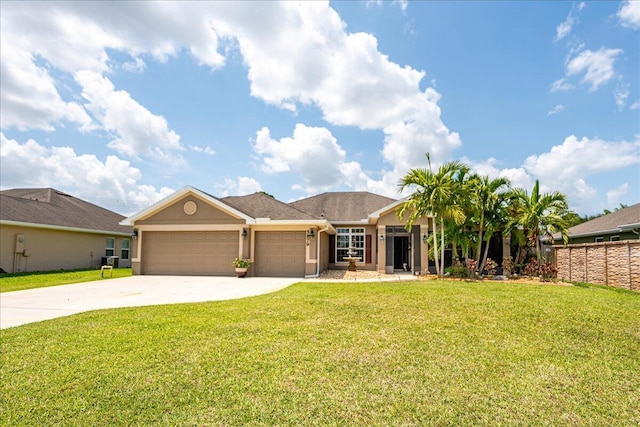 5879 NW Leah Dr, Port Saint Lucie, FL 34986 - ranch-style home with an attached garage, driveway, a front yard, and stucco siding