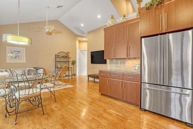 6308 Crystal View Ln, Boynton Beach, FL 33437 - kitchen with a ceiling fan, high vaulted ceiling, high quality fridge, and light wood finished floors