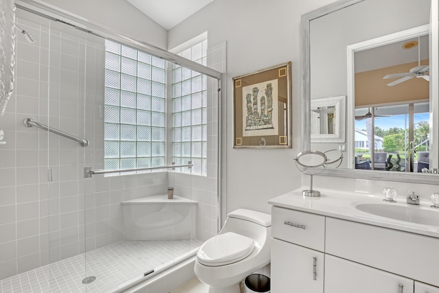 6308 Crystal View Ln, Boynton Beach, FL 33437 - full bathroom with toilet, vanity, a stall shower, and ceiling fan