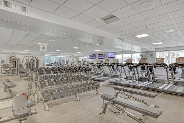 6308 Crystal View Ln, Boynton Beach, FL 33437 - workout area featuring carpet, visible vents, a paneled ceiling, and a healthy amount of sunlight