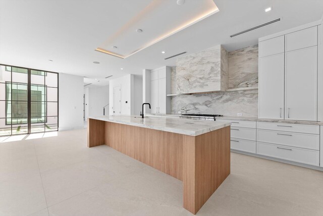 880 NE 3rd Ave, Boca Raton, FL 33432 - kitchen with modern cabinets, tasteful backsplash, a large island with sink, white cabinetry, and a sink