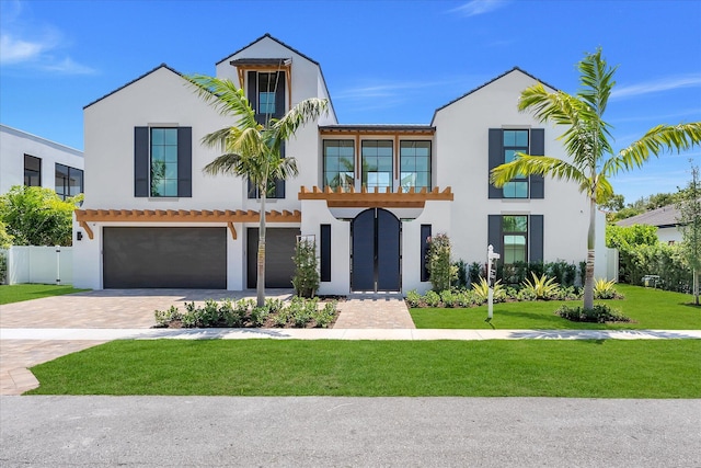 880 NE 3rd Ave, Boca Raton, FL 33432 - view of front facade with stucco siding, an attached garage, a front lawn, and decorative driveway