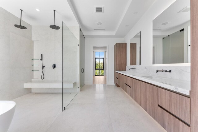 880 NE 3rd Ave, Boca Raton, FL 33432 - bathroom with a walk in shower, double vanity, and concrete floors