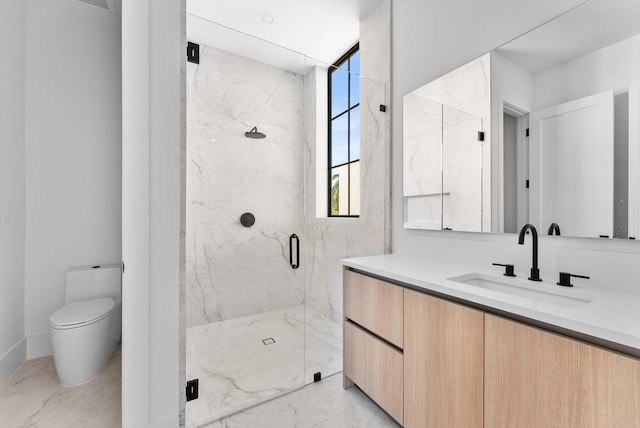 880 NE 3rd Ave, Boca Raton, FL 33432 - full bath featuring a marble finish shower, vanity, marble finish floors, and toilet