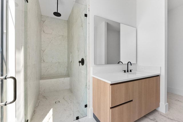 880 NE 3rd Ave, Boca Raton, FL 33432 - bathroom with marble finish flooring, a marble finish shower, and vanity