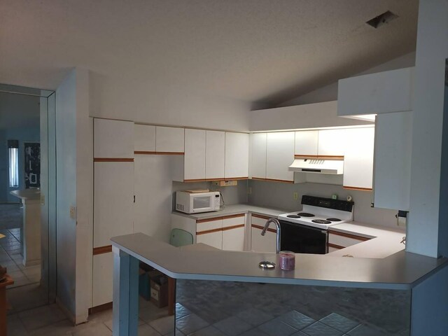 2231 NW 34th Ter, Coconut Creek, FL 33066 - kitchen with under cabinet range hood, white appliances, white cabinetry, and a peninsula