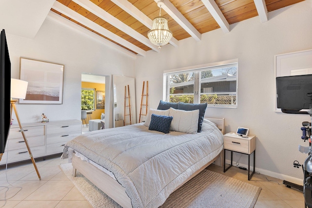 5400 NE 1st Ter, Oakland Park, FL 33334 - bedroom with a notable chandelier, multiple windows, light tile patterned flooring, and vaulted ceiling with beams