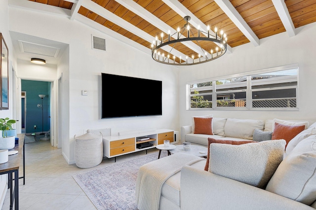 5400 NE 1st Ter, Oakland Park, FL 33334 - living area with visible vents, lofted ceiling with beams, light tile patterned flooring, wooden ceiling, and a chandelier