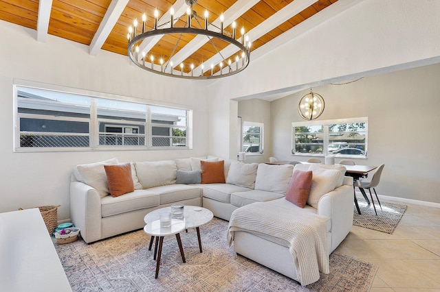 5400 NE 1st Ter, Oakland Park, FL 33334 - living room featuring wood ceiling, an inviting chandelier, light tile patterned flooring, and lofted ceiling with beams
