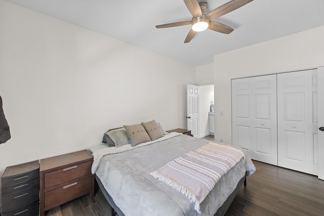 7633 NW 93rd Ct, Okeechobee, FL 34972 - bedroom featuring dark wood finished floors, a closet, and ceiling fan