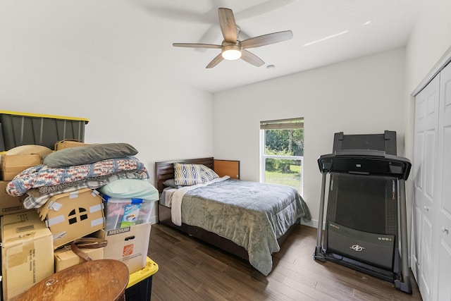 7633 NW 93rd Ct, Okeechobee, FL 34972 - bedroom with a ceiling fan, dark wood-type flooring, and a closet