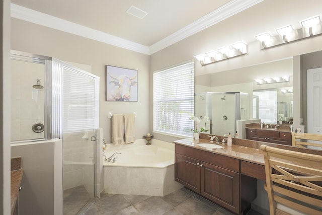 full bath with a bath, crown molding, vanity, tile patterned floors, and a stall shower