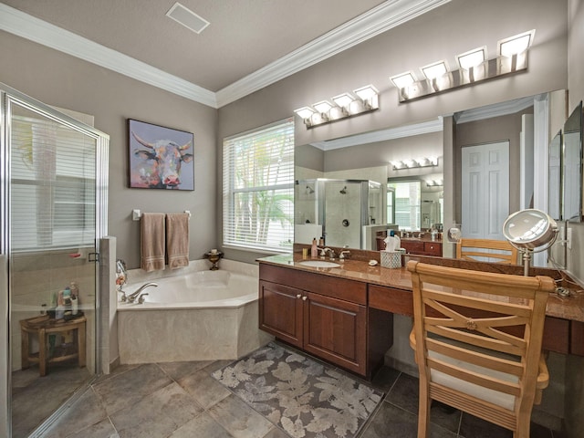 1289 Beacon Cir, Wellington, FL 33414 - full bath with a garden tub, a stall shower, vanity, crown molding, and tile patterned flooring