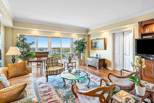 400 Seasage Dr Unit 904, Delray Beach, FL 33483 - living room with ornamental molding, light wood-type flooring, and baseboards