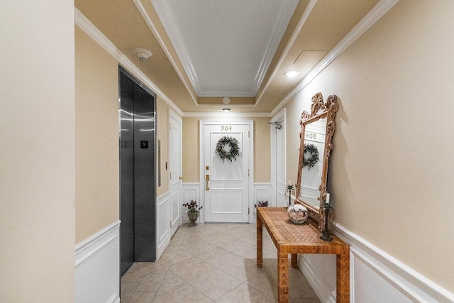 400 Seasage Dr Unit 904, Delray Beach, FL 33483 - doorway to outside with a decorative wall, ornamental molding, light tile patterned flooring, elevator, and wainscoting