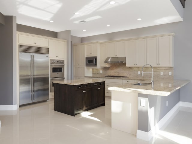 kitchen with under cabinet range hood, built in appliances, decorative backsplash, a peninsula, and a sink
