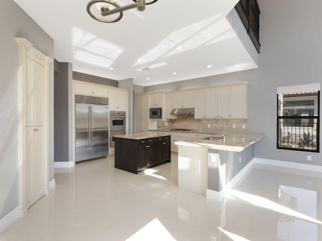 kitchen with a peninsula, a sink, under cabinet range hood, built in appliances, and tasteful backsplash