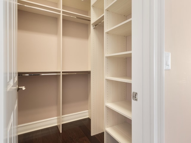 walk in closet featuring dark wood-style flooring