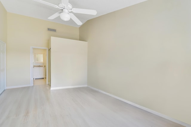 213 Ocean Dunes Cir, Jupiter, FL 33477 - unfurnished room featuring vaulted ceiling, light wood-style flooring, baseboards, visible vents, and ceiling fan