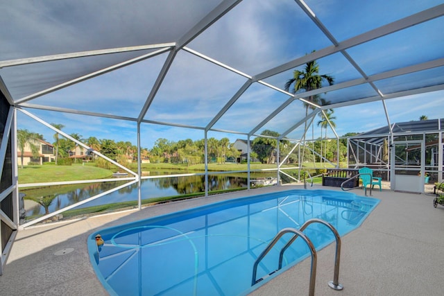12693 Coral Breeze Dr, Wellington, FL 33414 - pool featuring glass enclosure, a water view, and a patio
