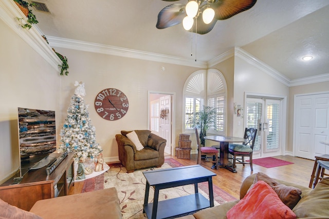 12693 Coral Breeze Dr, Wellington, FL 33414 - living area featuring visible vents, a ceiling fan, wood finished floors, crown molding, and baseboards