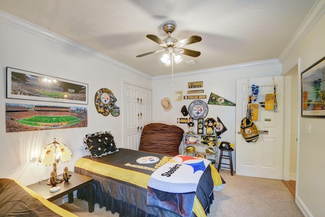 12693 Coral Breeze Dr, Wellington, FL 33414 - bedroom featuring light carpet, baseboards, crown molding, and a ceiling fan