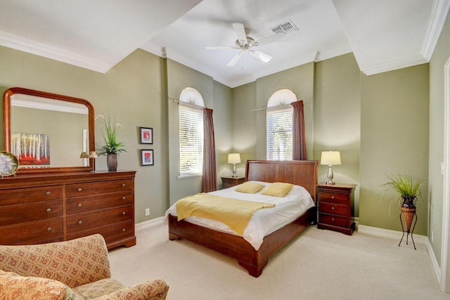 bedroom featuring carpet flooring, visible vents, and ornamental molding
