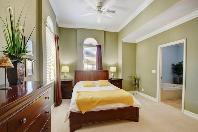 bedroom featuring visible vents, a ceiling fan, crown molding, baseboards, and light colored carpet