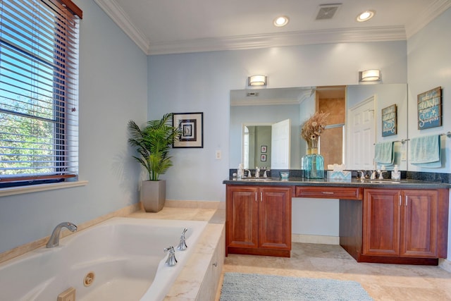 bathroom featuring visible vents, double vanity, a sink, crown molding, and a jetted tub