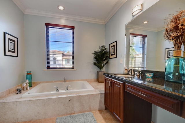 full bathroom with vanity, a bath, and ornamental molding
